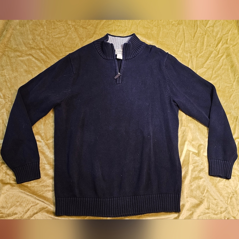 L.L. Bean Sweater, zip collar, navy, cotton, men's large tall